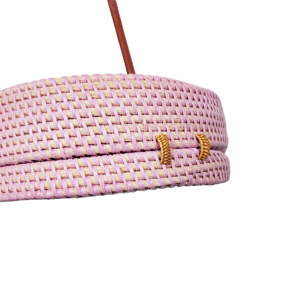 Pink Haley Pink Rattan Circle Basket Crossbody With Leather Strap Bag Size OS - Picture 7 of 9